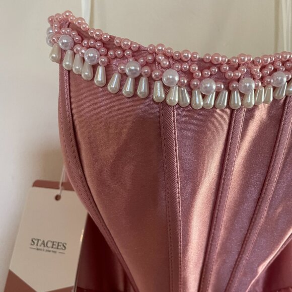 A-line Square Neckline Strapless Corset Ruffle Slit Long Prom Dress with Beads - Picture 6 of 9